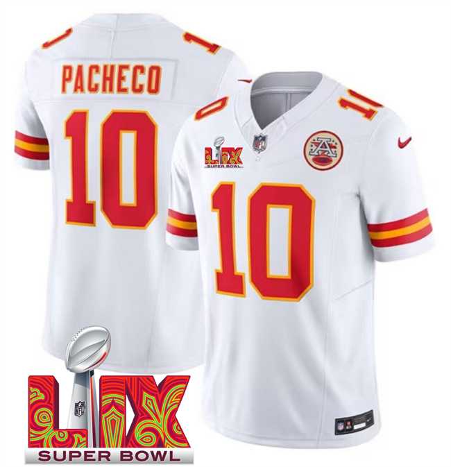 Men & Women & Youth Kansas City Chiefs #10 Isiah Pacheco White 2025 Super Bowl LIX Patch F.U.S.E. Vapor Limited Stitched Jersey
